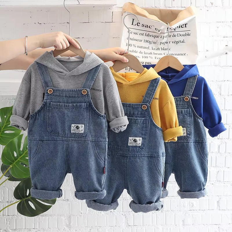 2024 Spring Autumn Korean Style Children Boys 2PCS Clothes Set Printed Letter Hoodie Denim Overalls Infant Baby Boys Suit