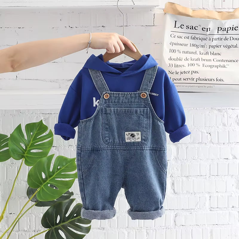 2024 Spring Autumn Korean Style Children Boys 2PCS Clothes Set Printed Letter Hoodie Denim Overalls Infant Baby Boys Suit