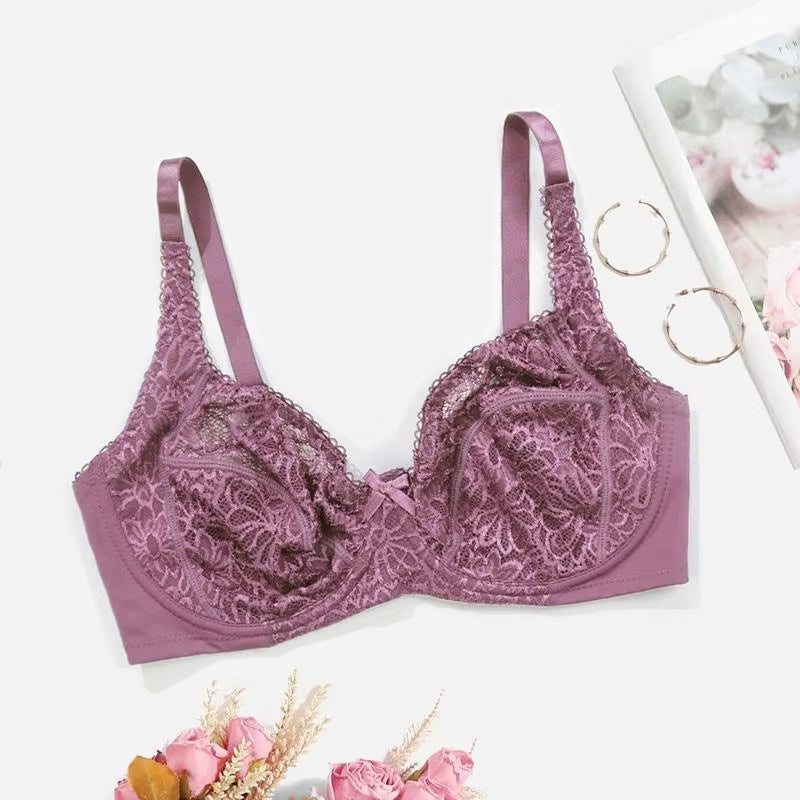 Underwire Bra for Big Breast Female Solid Color Floral Lace Bras for Women Thin Unlined Underwear - 7121