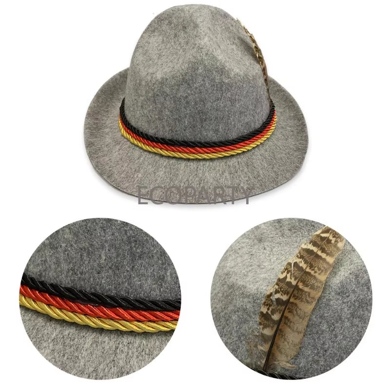 Traditional Oktoberfest Halloween Men Felt Hat German Alpine Cap Feather Decoration for Party Adult Neutral Costume Accessories