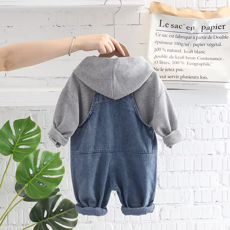 2024 Spring Autumn Korean Style Children Boys 2PCS Clothes Set Printed Letter Hoodie Denim Overalls Infant Baby Boys Suit