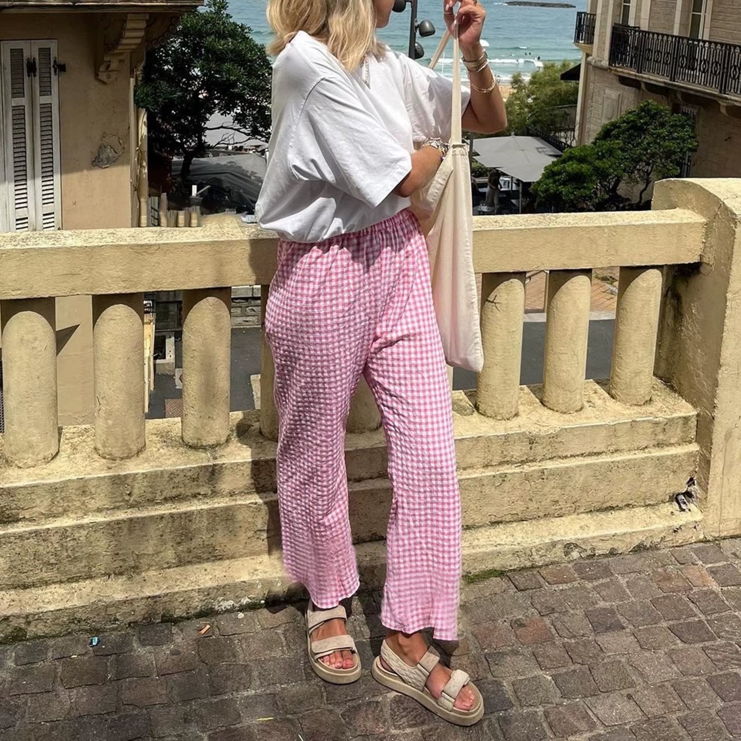 Women Vintage 2000S Aesthetic Gingham Plaid Print Pants Elastic Waist Dreawstring Wide Leg Trousers Casual Lounge Pockets Pants