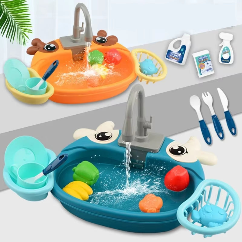 Kitchen Play Electric Crab Dishwasher Toys Children'S Pretend Play Sink Taps Water Circulation Faucet Dishes Set Girl Home Game