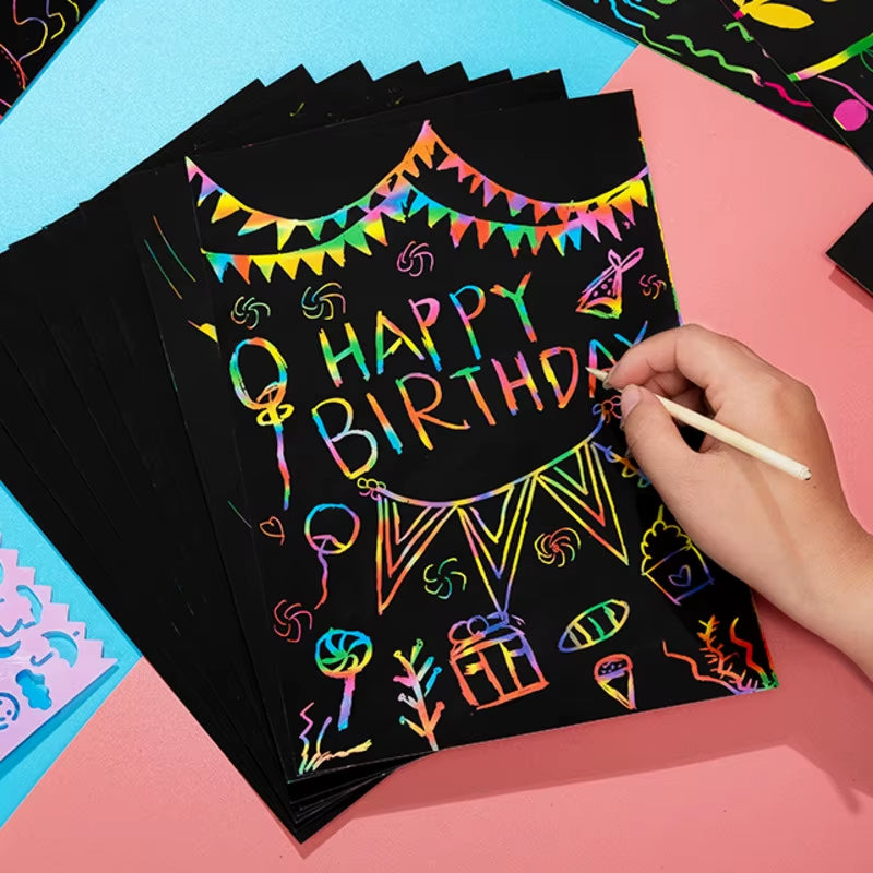 DIY Magic Rainbow Color Scratch Art Paper Card Set with Graffiti Stencil Drawing Board Stick Art Painting Educational Toys Gifts