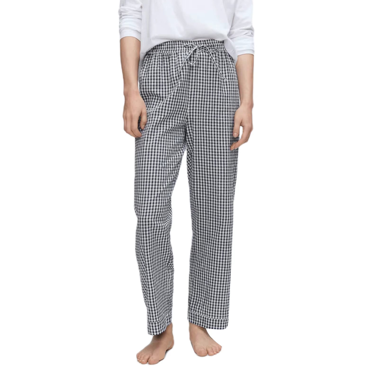 Women Vintage 2000S Aesthetic Gingham Plaid Print Pants Elastic Waist Dreawstring Wide Leg Trousers Casual Lounge Pockets Pants