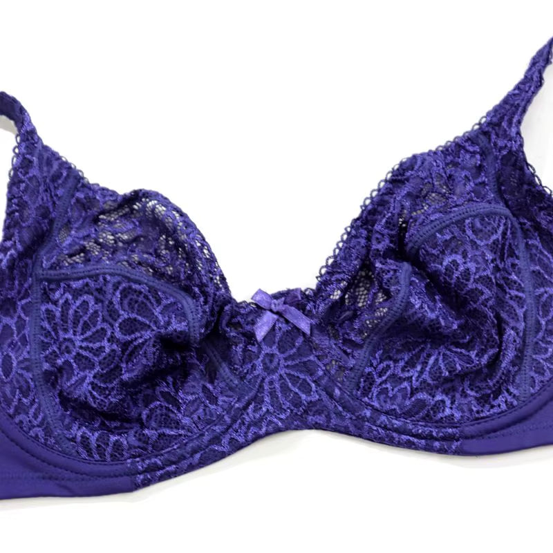 Underwire Bra for Big Breast Female Solid Color Floral Lace Bras for Women Thin Unlined Underwear - 7121