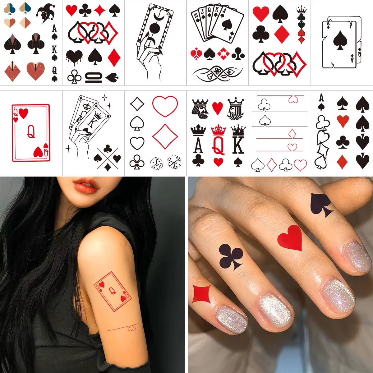 12Pcs/Set Waterproof Temporary Tattoo Stickers Playing Cards Peach Tattoo Small Size Tatto Flash Tatoo Fake Tattoos for Man Girl