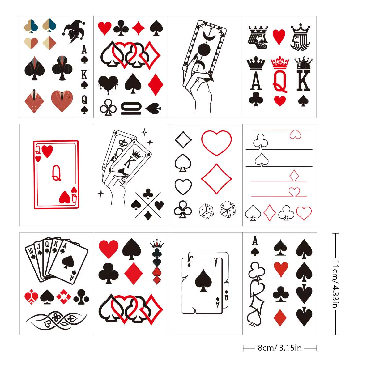 12Pcs/Set Waterproof Temporary Tattoo Stickers Playing Cards Peach Tattoo Small Size Tatto Flash Tatoo Fake Tattoos for Man Girl