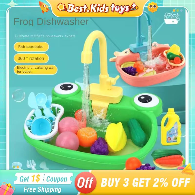 Kitchen Play Electric Crab Dishwasher Toys Children'S Pretend Play Sink Taps Water Circulation Faucet Dishes Set Girl Home Game