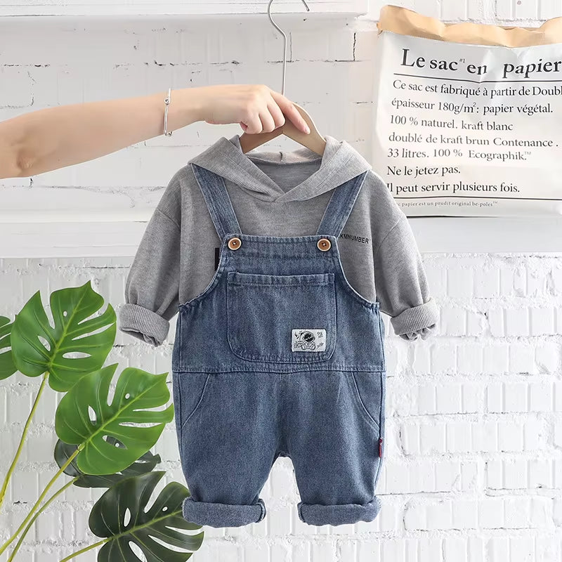 2024 Spring Autumn Korean Style Children Boys 2PCS Clothes Set Printed Letter Hoodie Denim Overalls Infant Baby Boys Suit