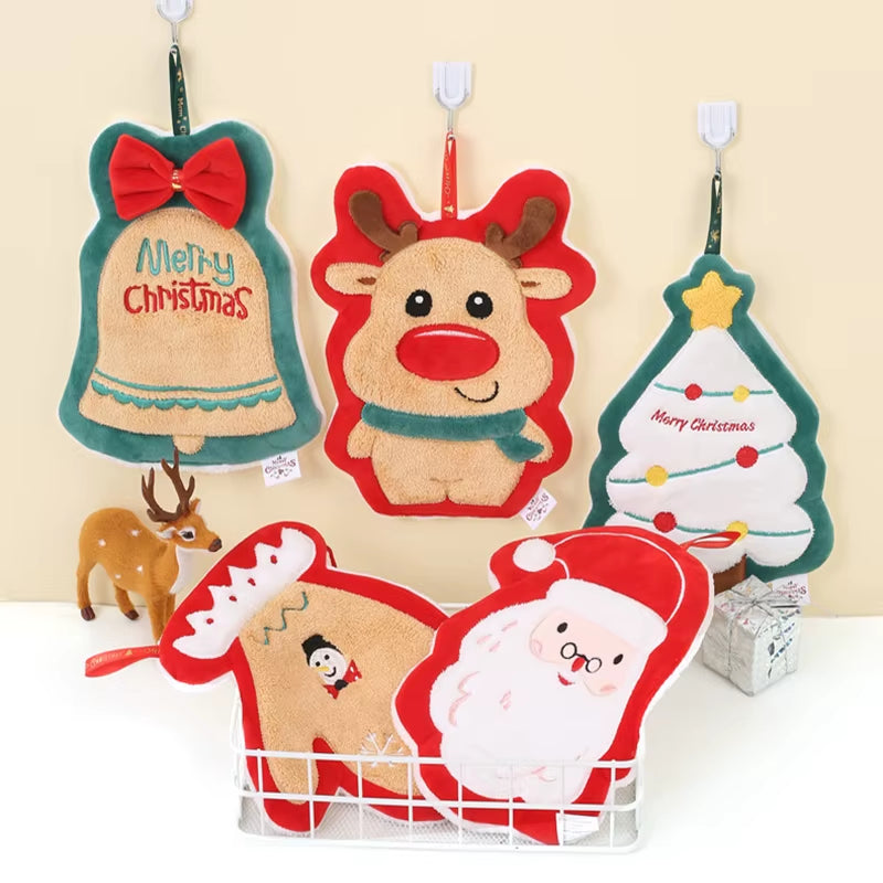 Christmas Hand Towel Santa Claus Xmas Tree Elk Velvet Hanging Towel New Year Home Kitchen Bathroom Washing Hand Face Towel Cloth