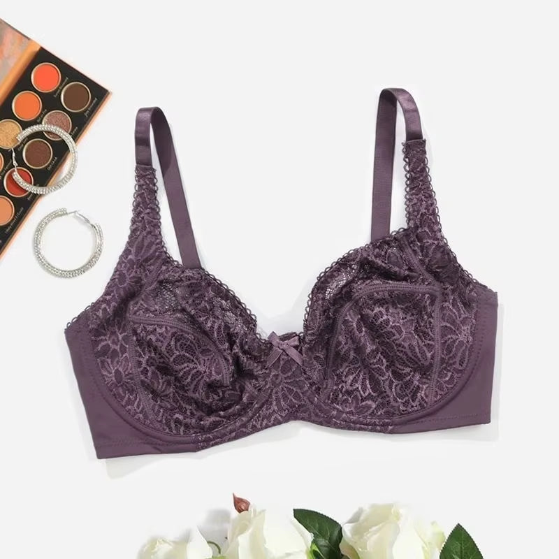 Underwire Bra for Big Breast Female Solid Color Floral Lace Bras for Women Thin Unlined Underwear - 7121