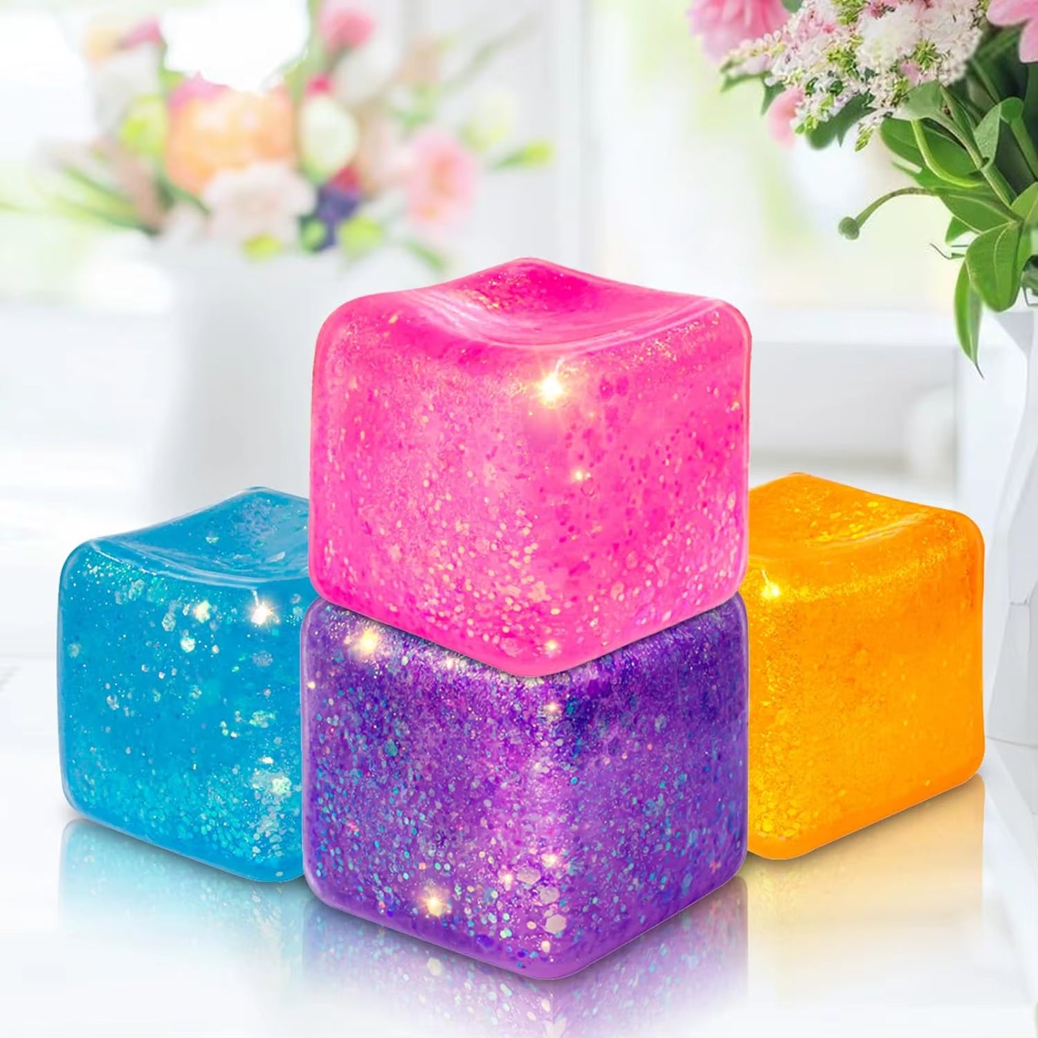 4Pack Glitter Nice Square Stress Cube, Colorful Ice Cube Stress Balls for Adults - Gel Ice Cubes Squishy’S Gifts for Kids - Reli