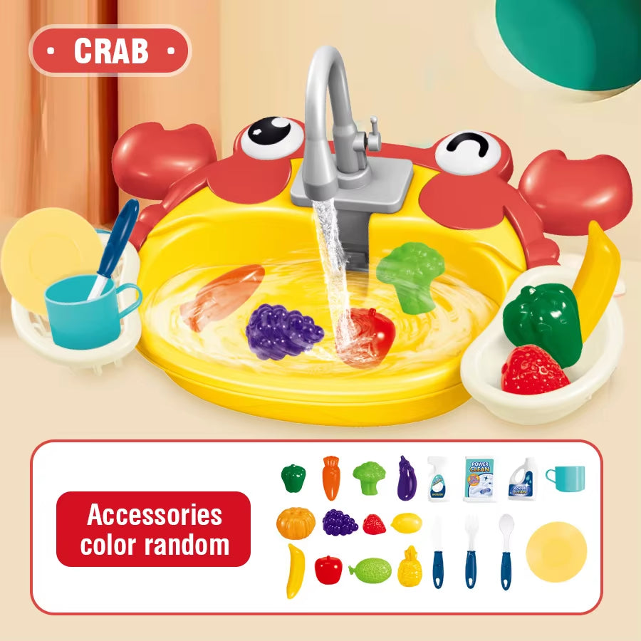 Kitchen Play Electric Crab Dishwasher Toys Children'S Pretend Play Sink Taps Water Circulation Faucet Dishes Set Girl Home Game