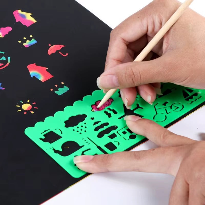 DIY Magic Rainbow Color Scratch Art Paper Card Set with Graffiti Stencil Drawing Board Stick Art Painting Educational Toys Gifts