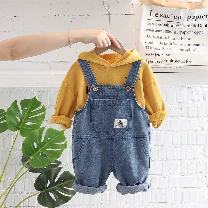 2024 Spring Autumn Korean Style Children Boys 2PCS Clothes Set Printed Letter Hoodie Denim Overalls Infant Baby Boys Suit