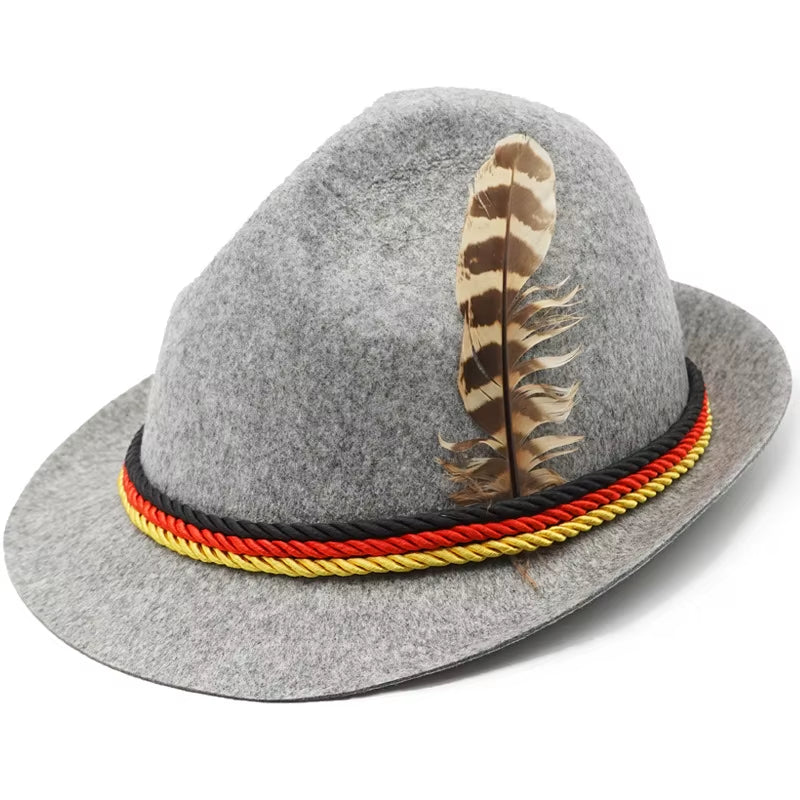 Traditional Oktoberfest Halloween Men Felt Hat German Alpine Cap Feather Decoration for Party Adult Neutral Costume Accessories