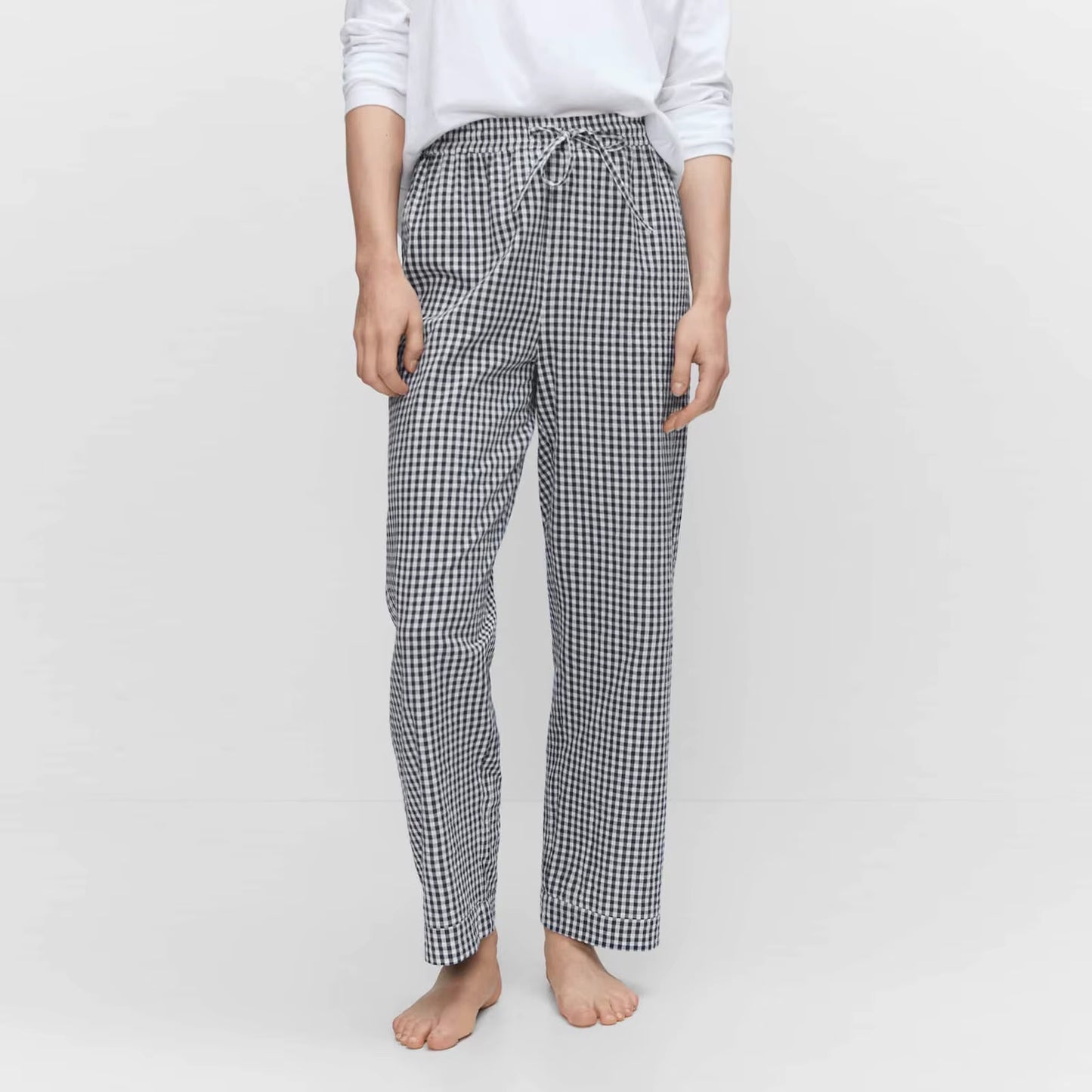 Women Vintage 2000S Aesthetic Gingham Plaid Print Pants Elastic Waist Dreawstring Wide Leg Trousers Casual Lounge Pockets Pants