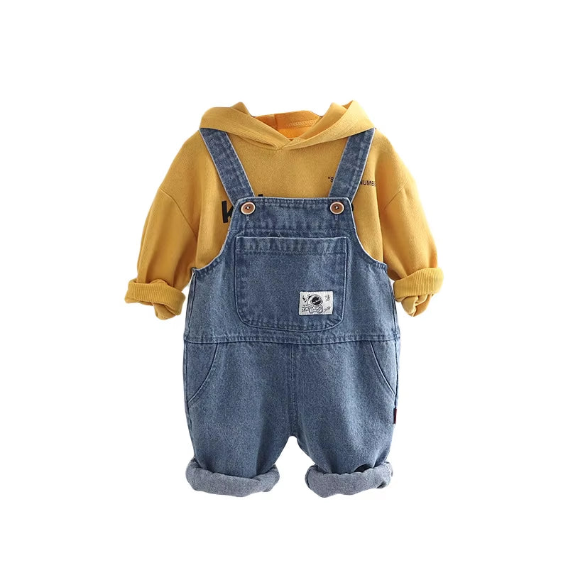 2024 Spring Autumn Korean Style Children Boys 2PCS Clothes Set Printed Letter Hoodie Denim Overalls Infant Baby Boys Suit