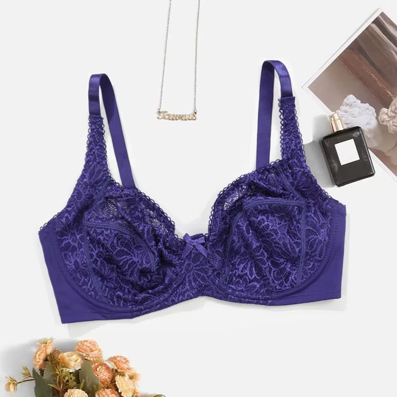 Underwire Bra for Big Breast Female Solid Color Floral Lace Bras for Women Thin Unlined Underwear - 7121